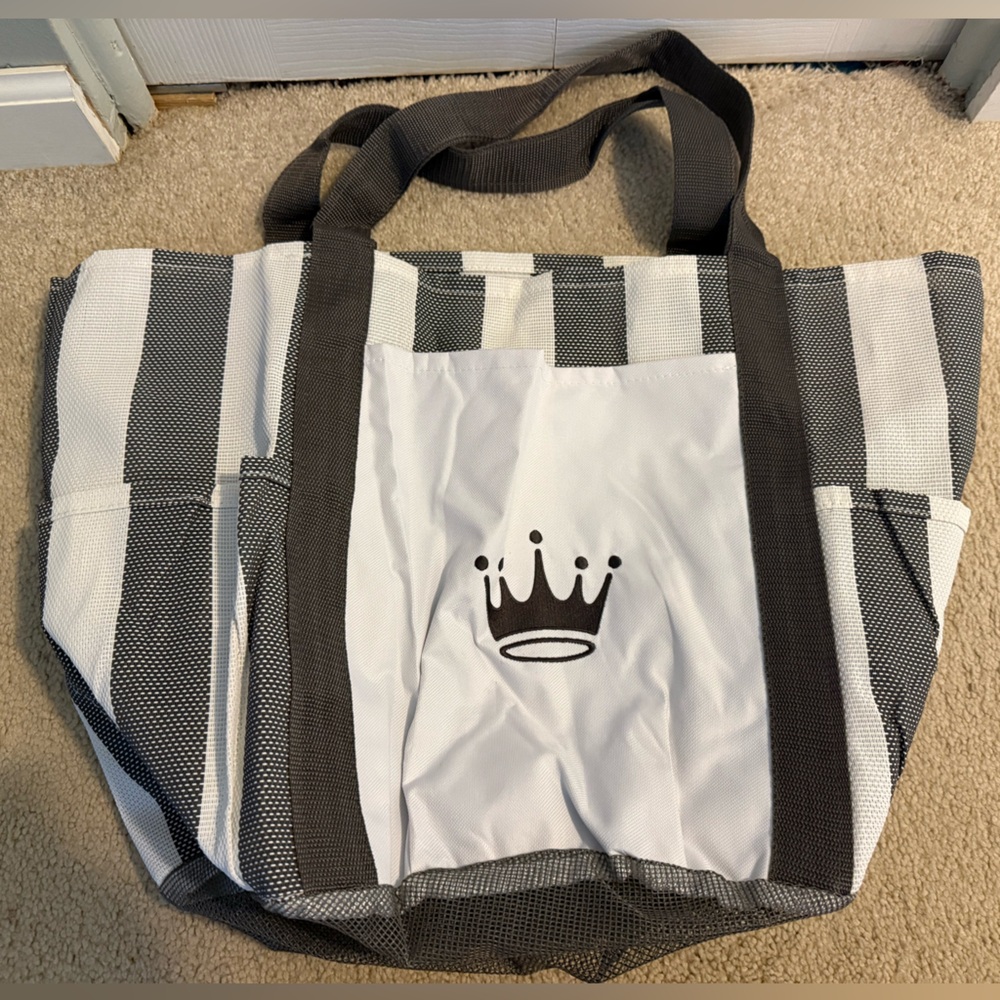 NEW Hallmark Channel Crown Logo Gray & White Striped Mesh Tote / Beach Bag